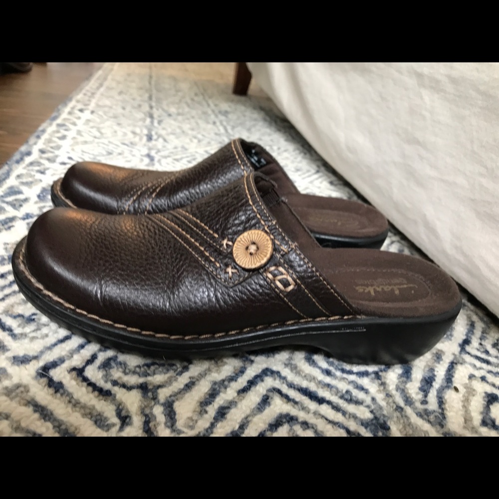 Clarks brand mules, brown leather, size 7